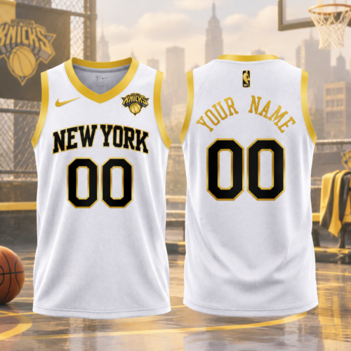 Custom Printed New York Knicks Swingman Basketball Jersey V2 - All-Over Print White Gold