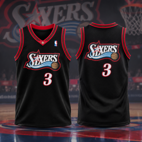 Custom Printed Allen Iverson Black Philadelphia 76ers Basketball Jersey