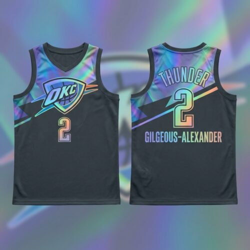 Custom Printed NBA Oklahoma City Thunder Shai Gilgeous-Alexander #2 Basketball Jersey Iridescent Holographic Black