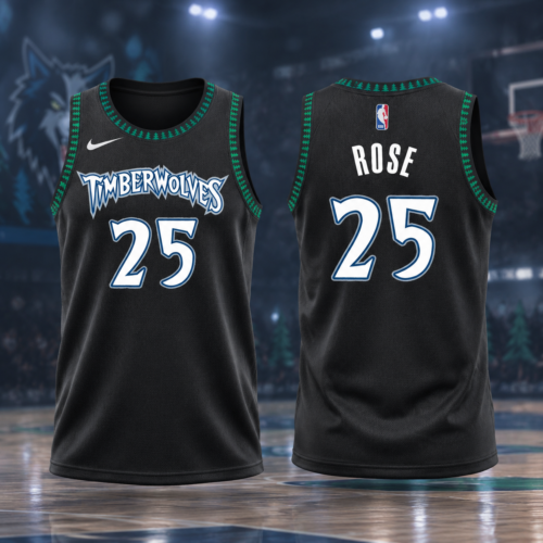 Custom Printed Men's Minnesota Timberwolves Derrick Rose Classic Basketball Jersey Black