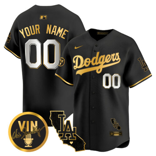 Los Angeles Dodgers Vin & California Patch Gold Vapor Premier Limited Custom Jersey - All Stitched