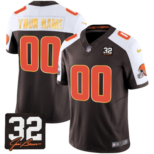Cleveland Browns #32 Jim Brown Memorial Patch Gold Trim Custom Jersey - All Stitched